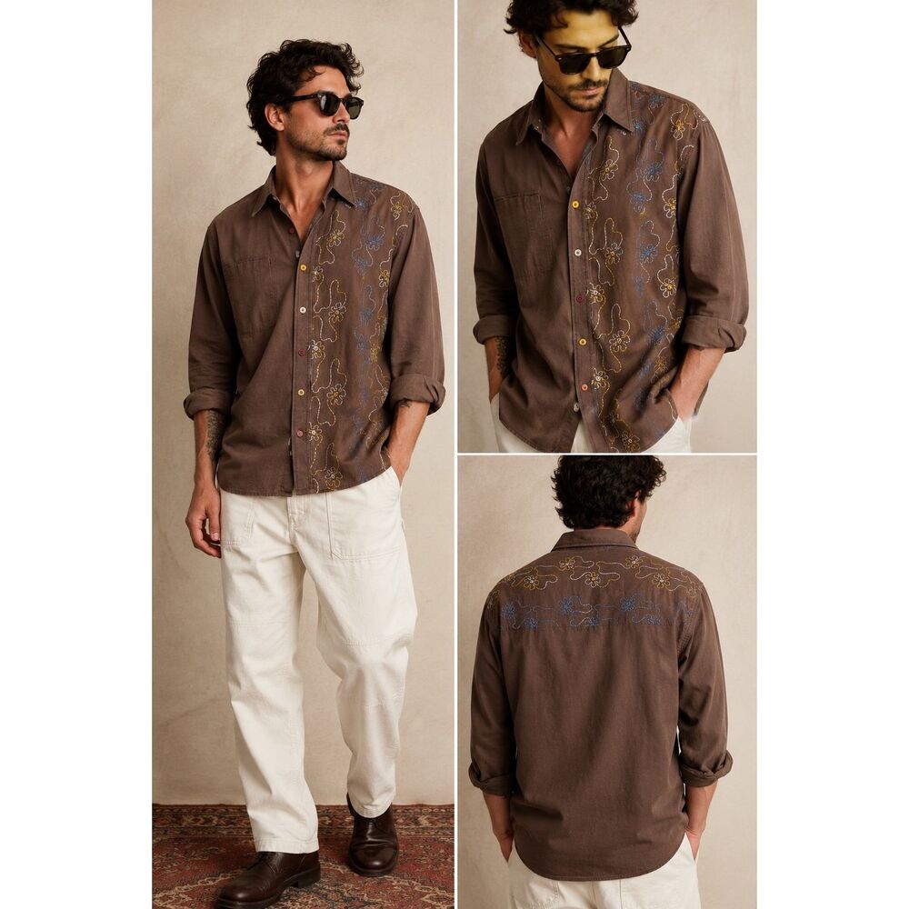 Vintage Celebrity Embroidered Floral Button Up Shirt Cufflink Cuffs Size L